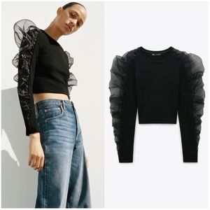 NWT ZARA | Black Contrasting Organza Sleeve Top